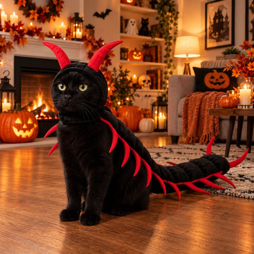 Black cat wearing the OddCats centipede costume in a romantic Halloween living room