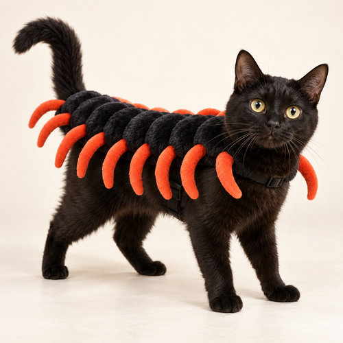 Black cat wearing the OddCats Kitty Crawler plush centipede costume