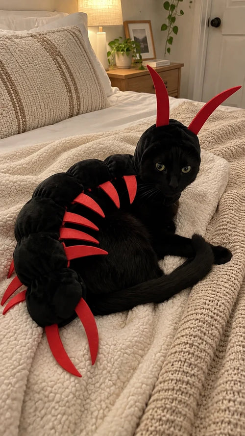 Black cat wearing the OddCats centipede costume on a cozy bed